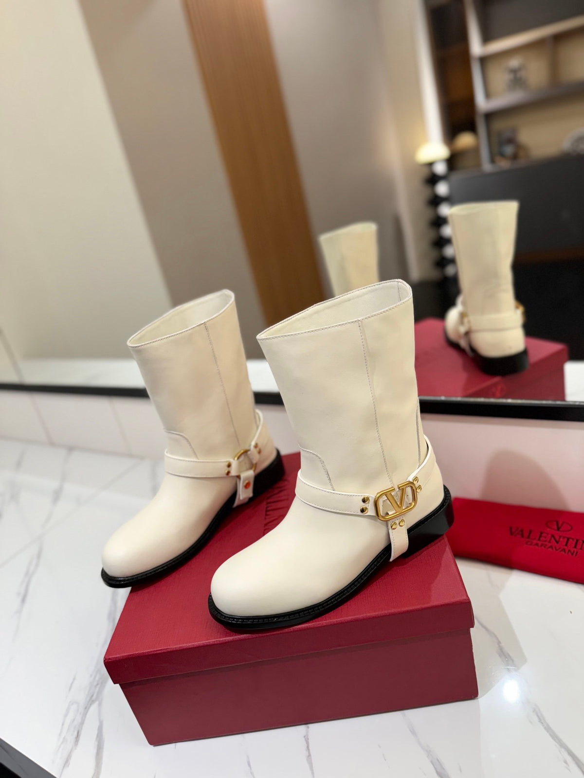 Valentino Women White Leather Mid-Calf Boots