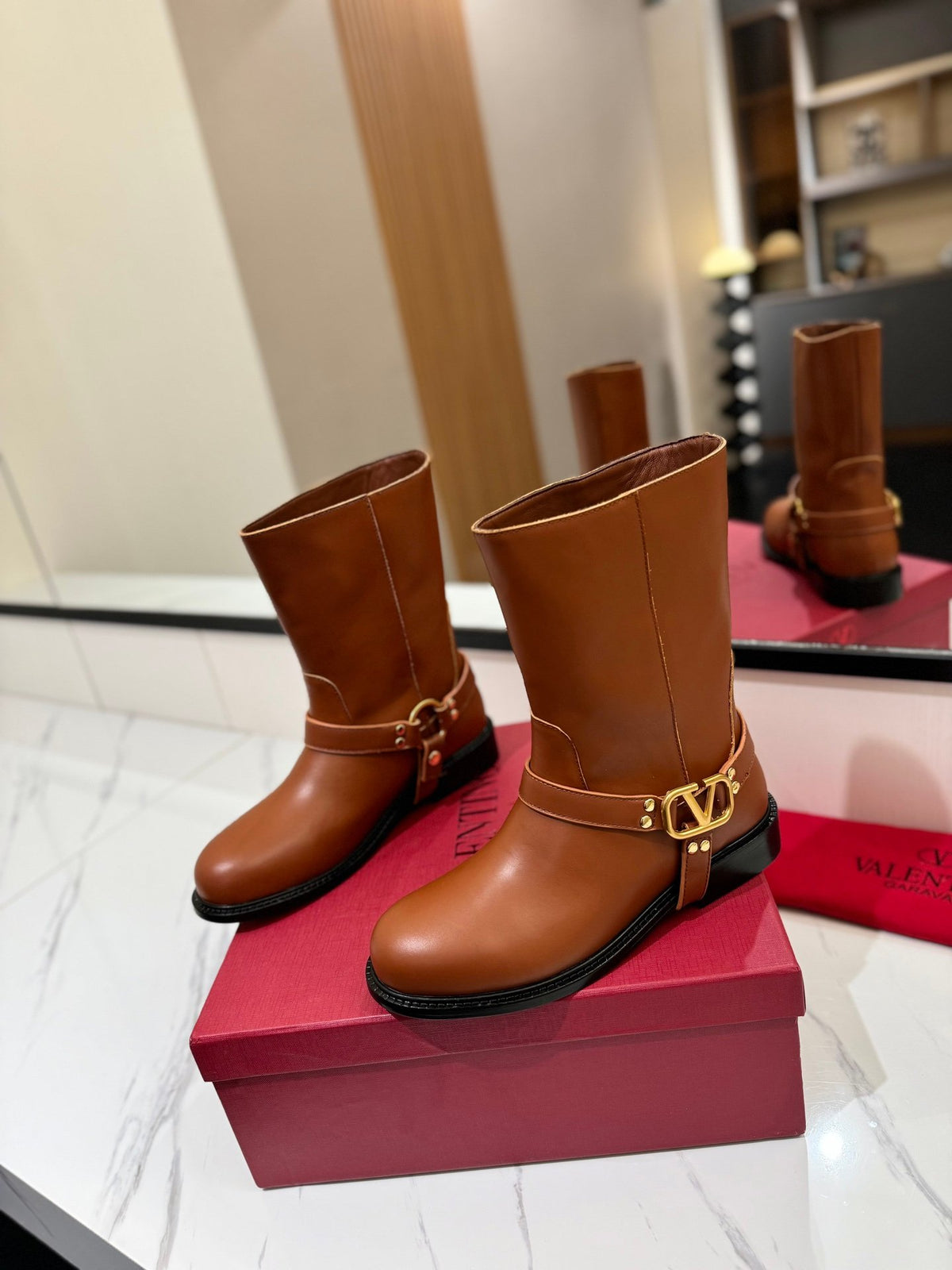 Valentino Women Brown Leather Mid-Calf Boots