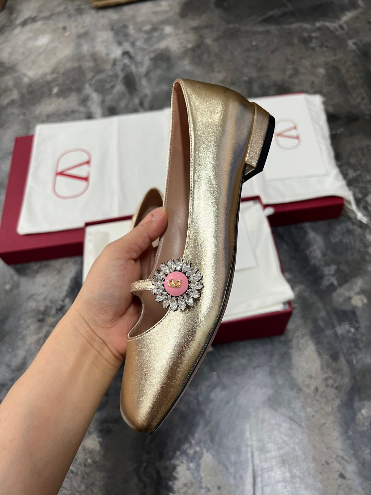Valentino Women Gold Leather Embellished Flats
