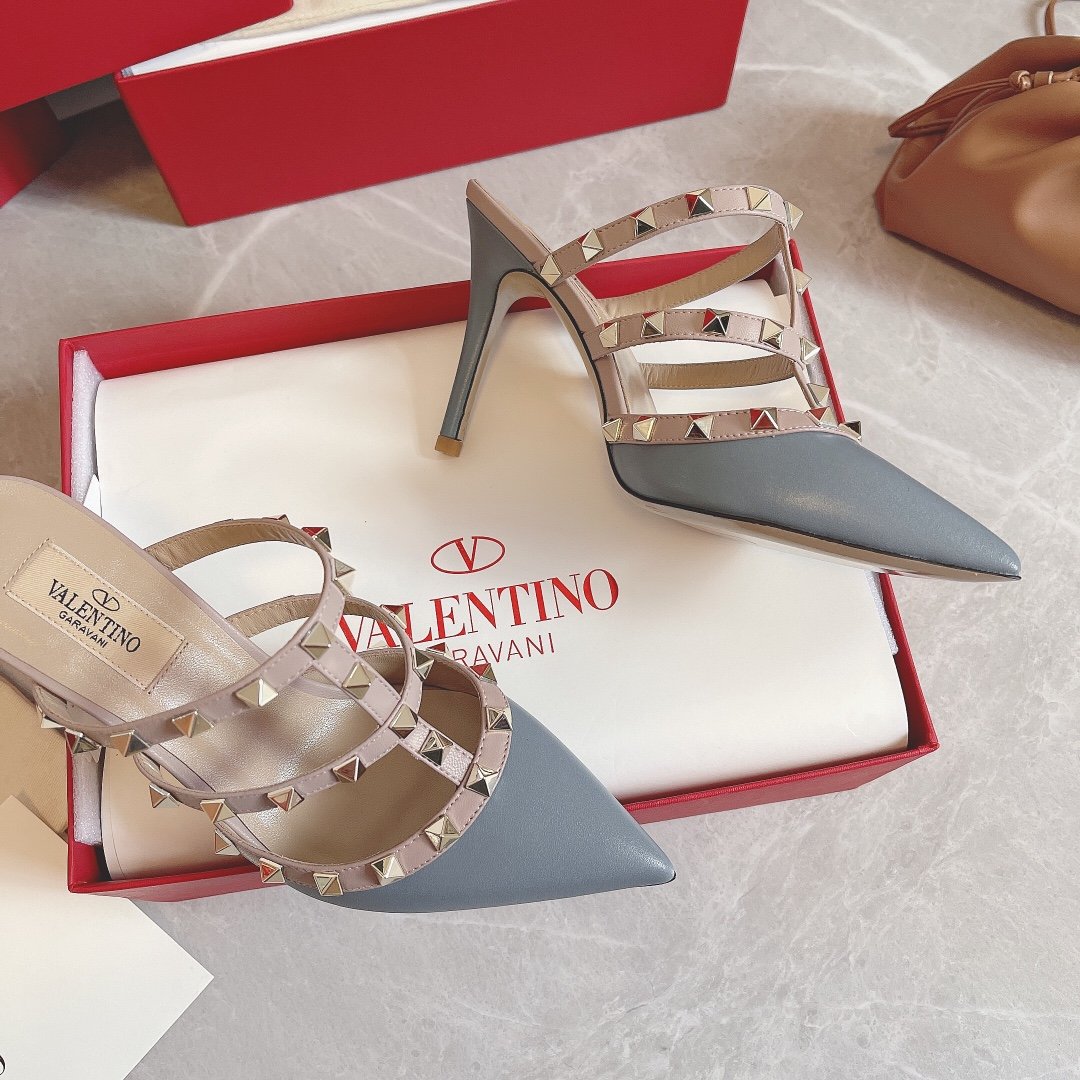 Valentino Women Blue Leather Studded Mules
