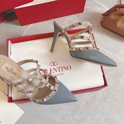 Valentino Women Blue Leather Studded Mules