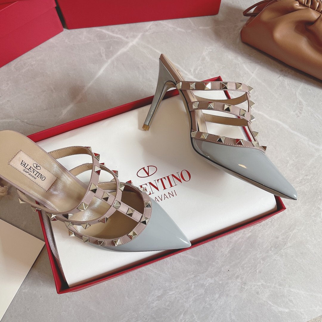 Valentino Women Light Blue Patent Leather Studded Mules