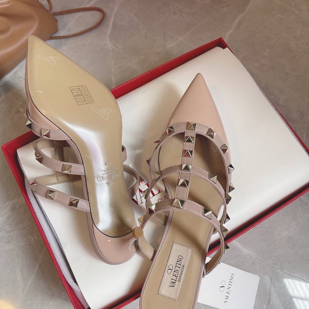 Valentino Women Nude Patent Leather Studded Mules