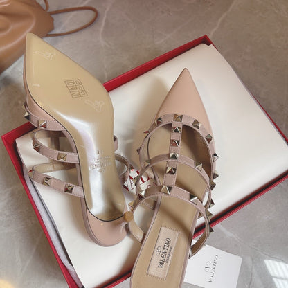 Valentino Women Nude Patent Leather Studded Mules