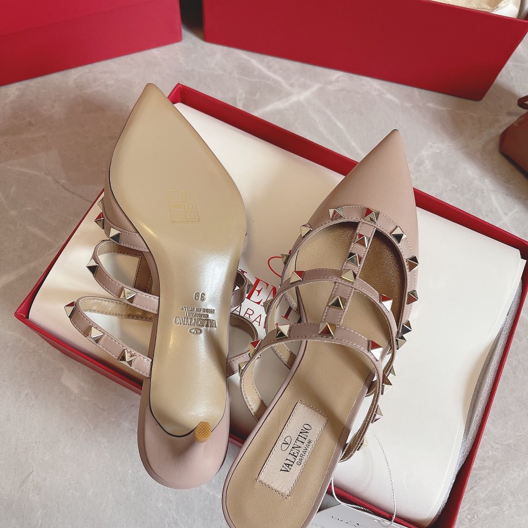Valentino Women Beige Leather Studded Mules