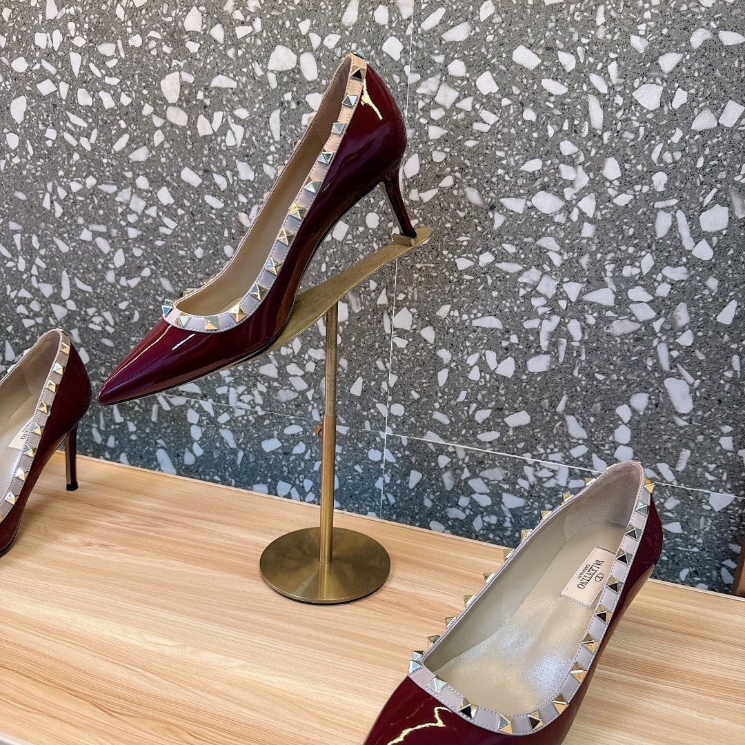 Valentino Women Burgundy Patent Leather Studded Pumps