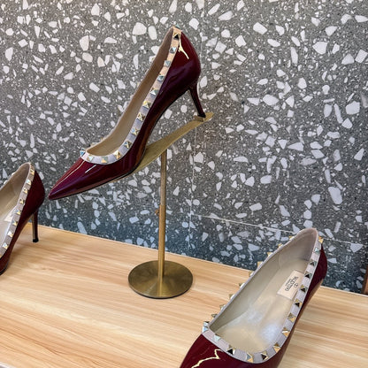 Valentino Women Burgundy Patent Leather Studded Pumps