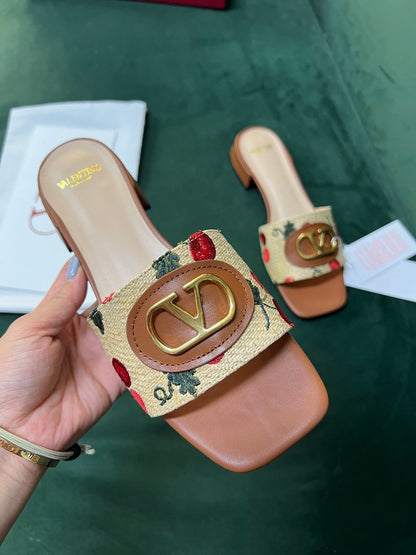 Valentino Women Brown Leather Canvas Floral Mules