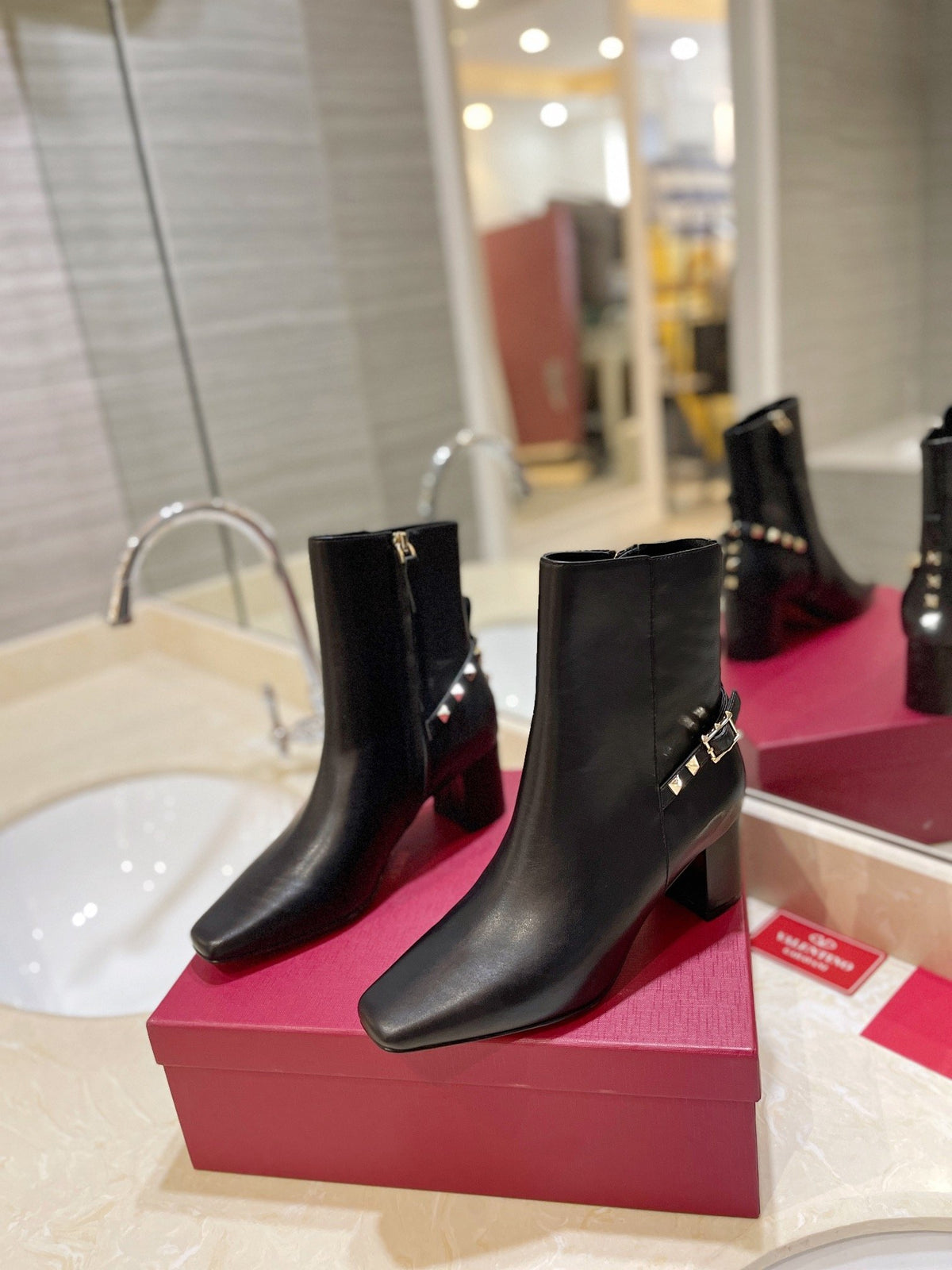 Valentino Women Black Leather Studded Ankle Boots