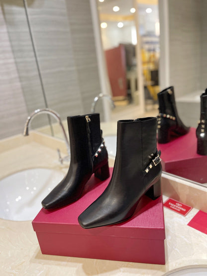 Valentino Women Black Leather Studded Ankle Boots