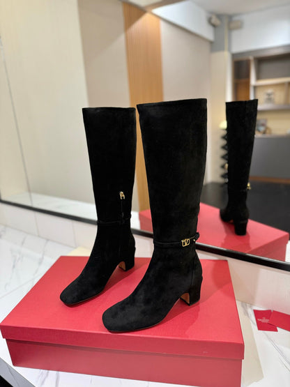 Valentino Women Black Suede Mid Heel Boots