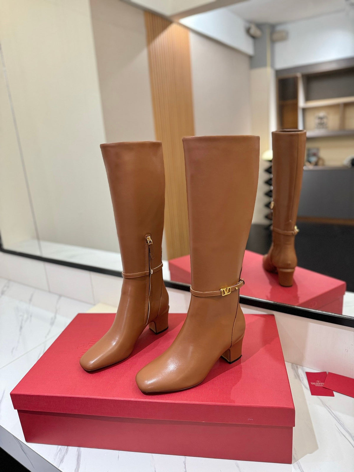 Valentino Women Tan Leather Mid-Calf Boots