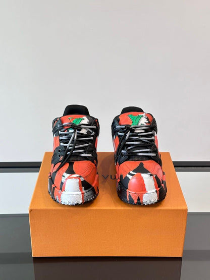 LV Men Red Black Leather Sneakers