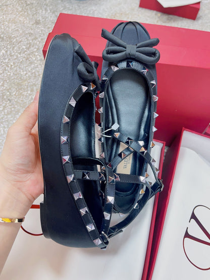 Valentino Women Black Satin Studded Flats