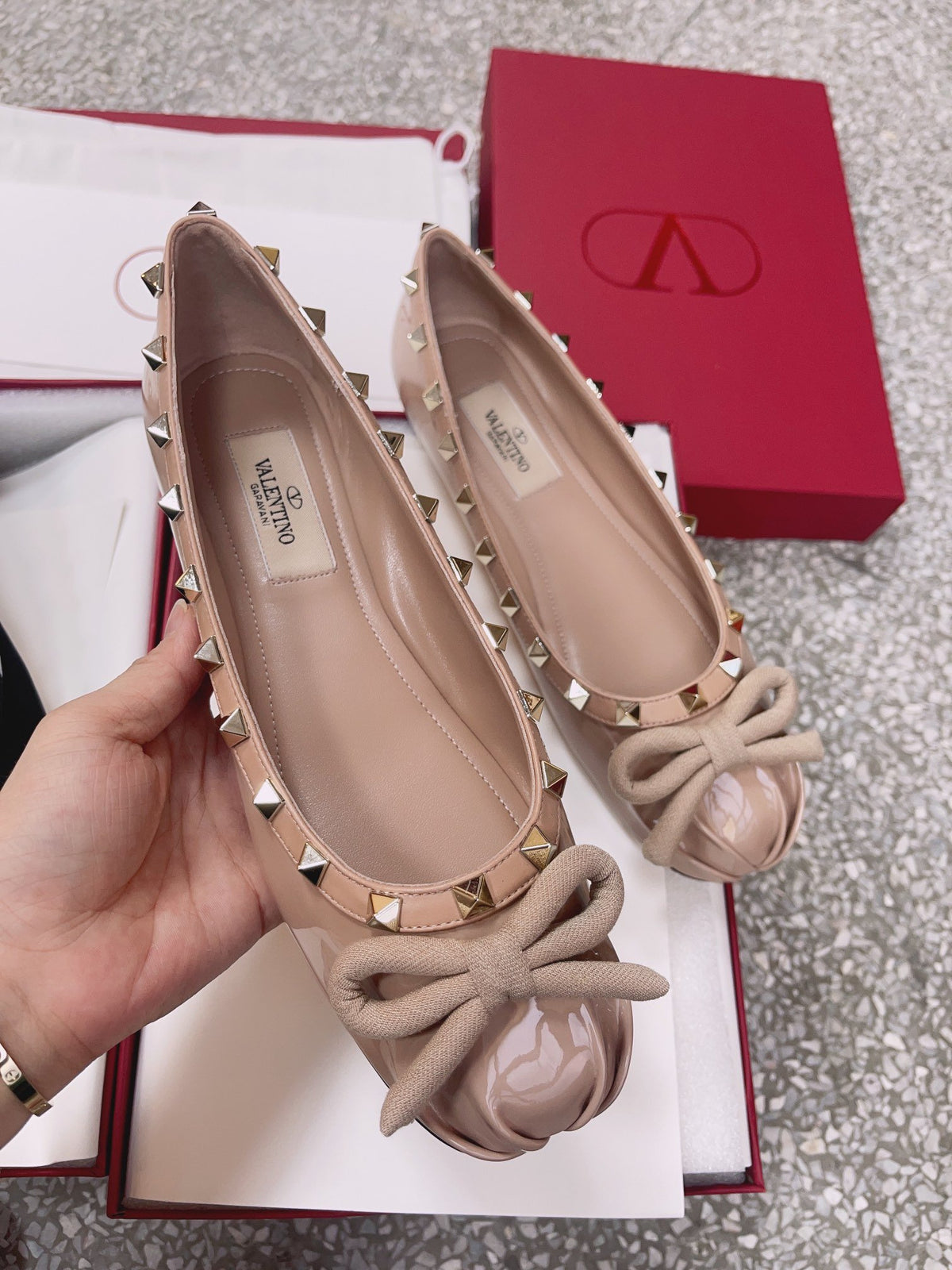 Valentino Women Nude Patent Leather Studded Flats