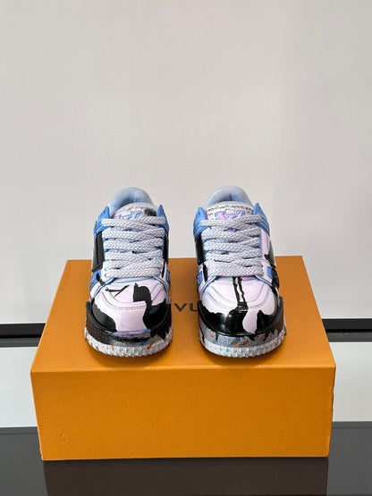 LV Men Black White Blue Leather Sneakers