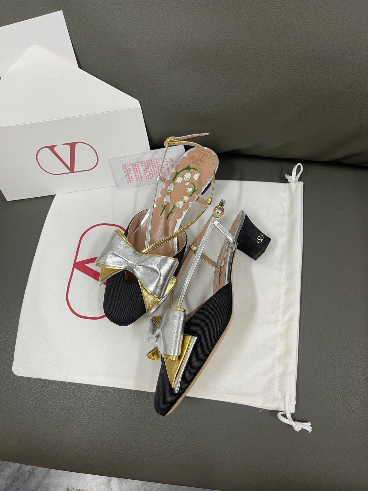 Valentino Women Black Satin Silver Gold Leather Heels