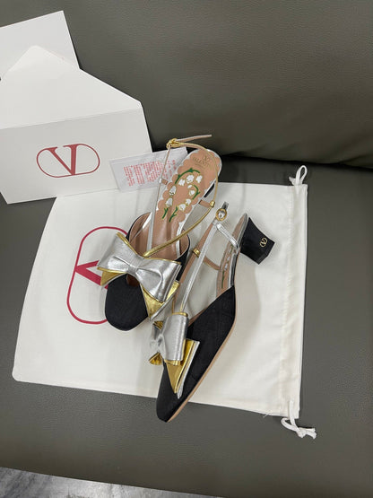 Valentino Women Black Satin Silver Gold Leather Heels