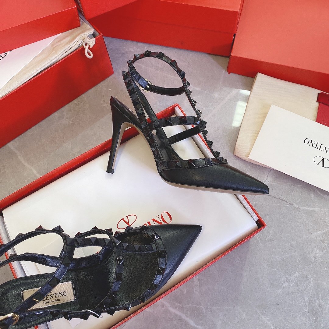 Valentino Women Black Leather Studded Heels