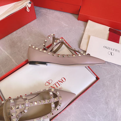 Valentino Women Beige Leather Studded Flats