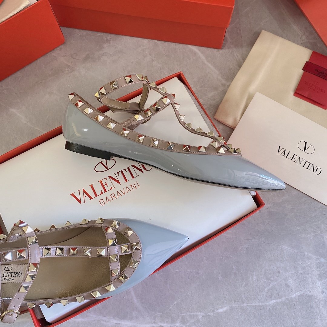 Valentino Women Blue Patent Leather Studded Flats