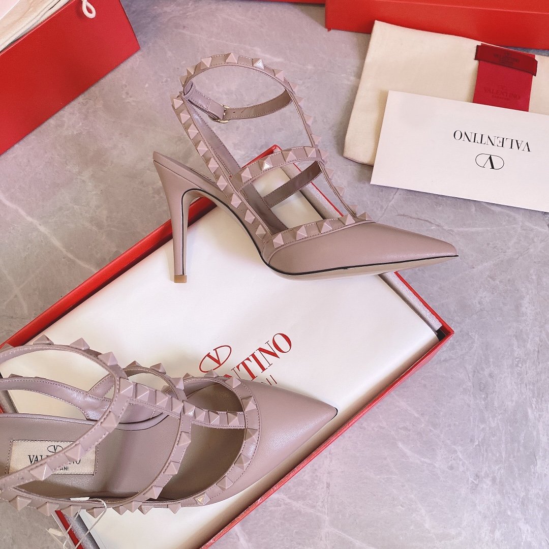 Valentino Women Beige Leather Studded Pumps