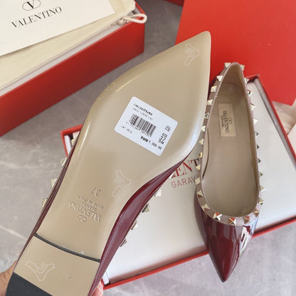 Valentino Women Burgundy Patent Leather Studded Flats