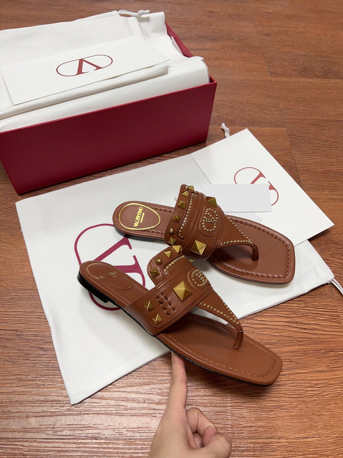 Valentino Women Brown Leather Studded Sandals