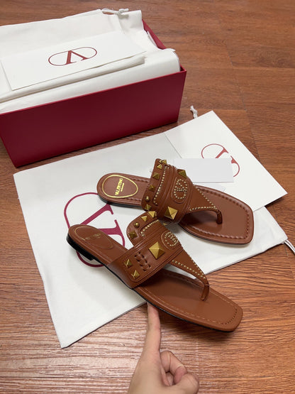 Valentino Women Brown Leather Studded Sandals