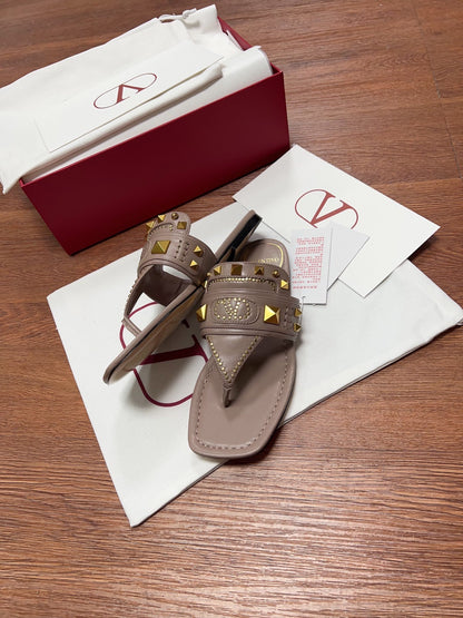 Valentino Women Taupe Leather Studded Sandals