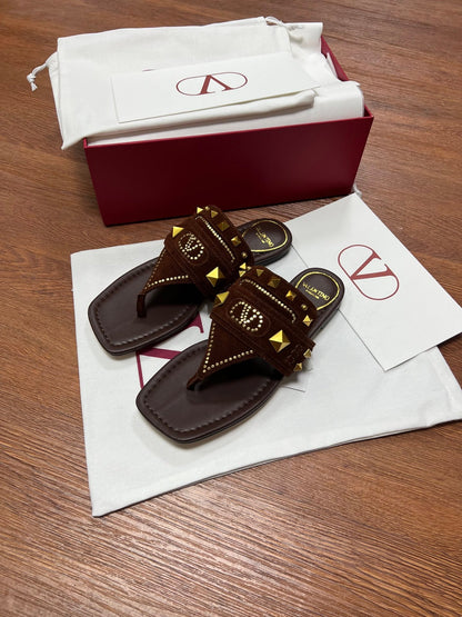 Valentino Women Brown Suede Studded Flats
