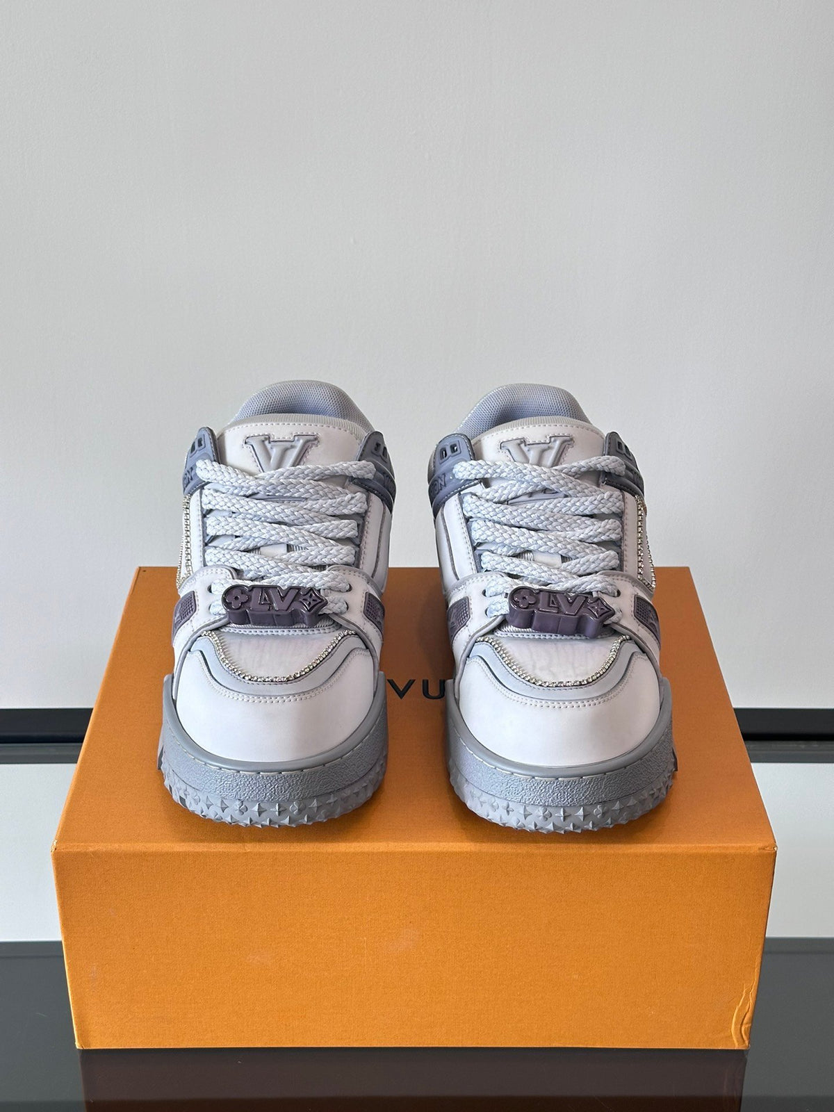 LV Men White Leather Gray Accents Sneakers