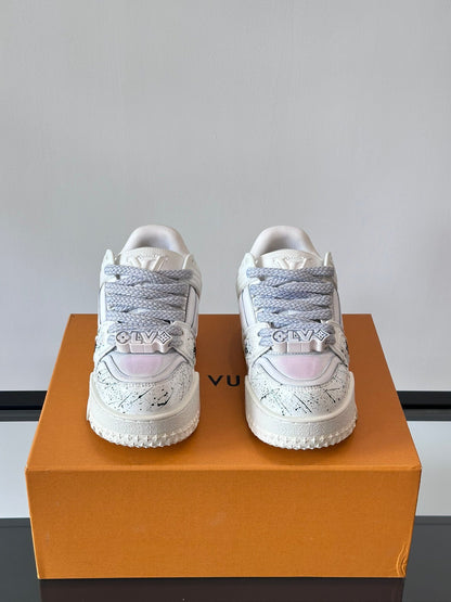 LV Men White Leather Sneakers With Black Splatter