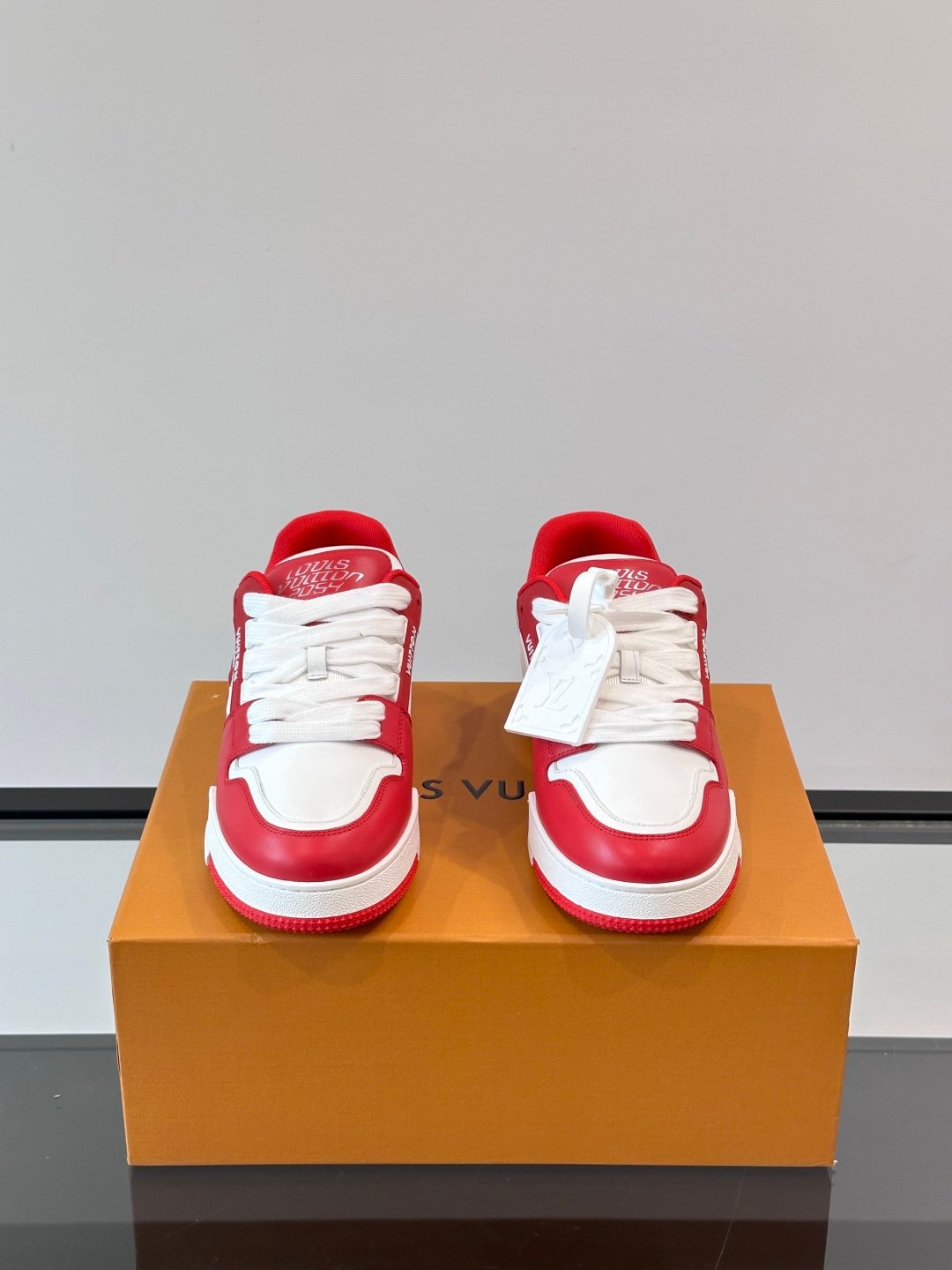 LV Men Red White Leather Sneakers