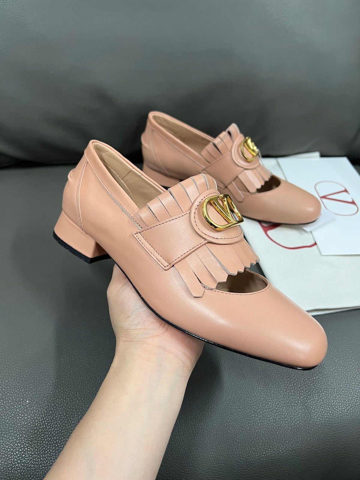 Valentino Women Pink Leather Fringe Loafers