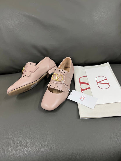 Valentino Women Pink Leather Fringe Loafers