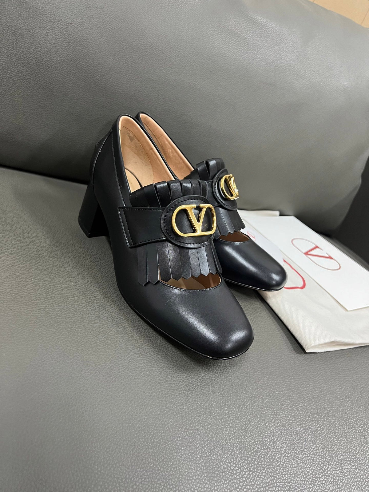 Valentino Women Black Leather Fringe Loafers