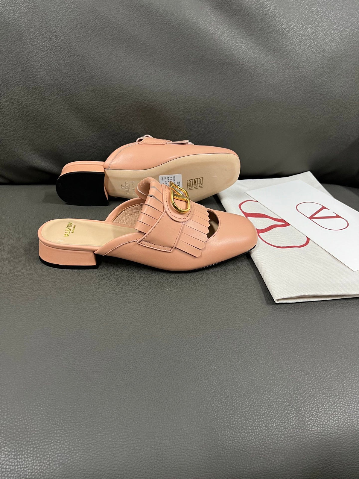 Valentino Women Pink Leather Fringe Mules