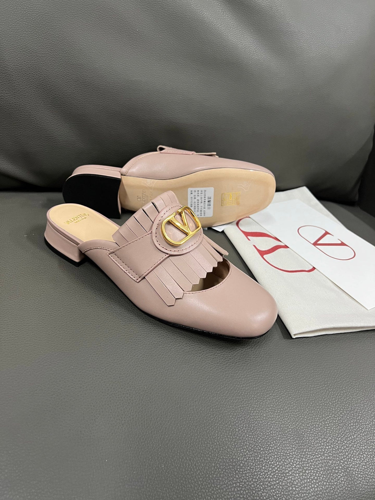 Valentino Women Pink Leather Fringe Mules