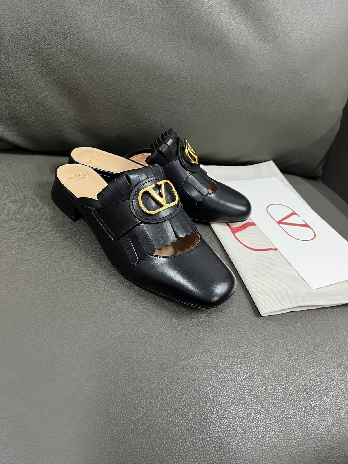 Valentino Women Black Leather Fringe Mules
