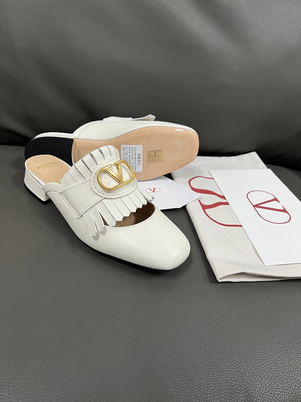 Valentino Women White Leather Fringe Mules