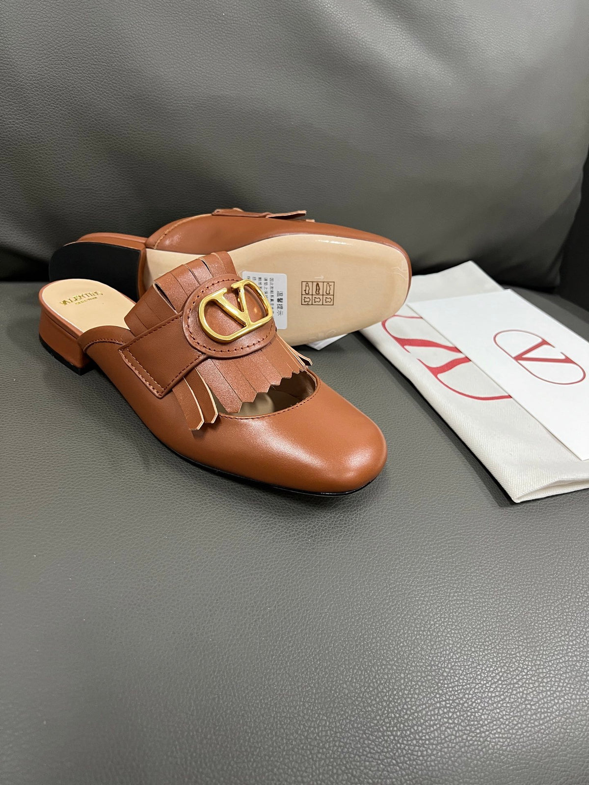 Valentino Women Brown Leather Fringe Mules