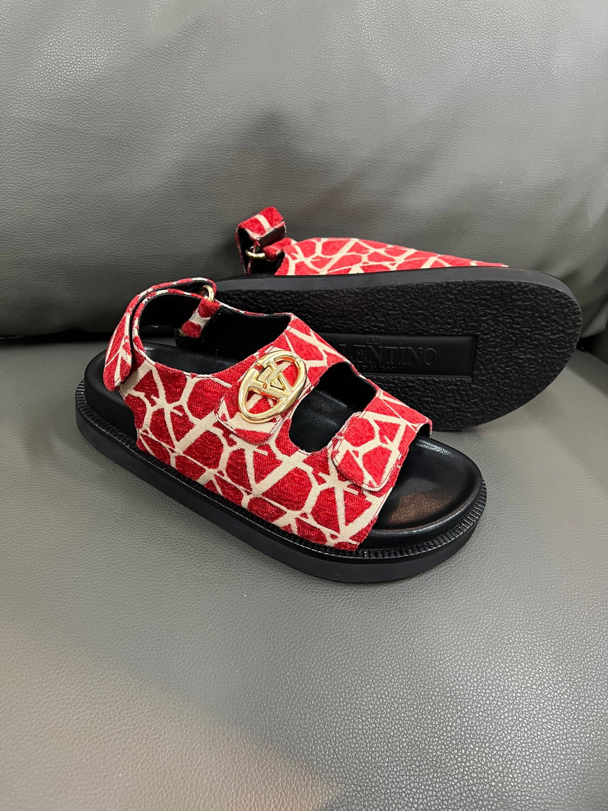 Valentino Women Red Patterned Fabric Sandals