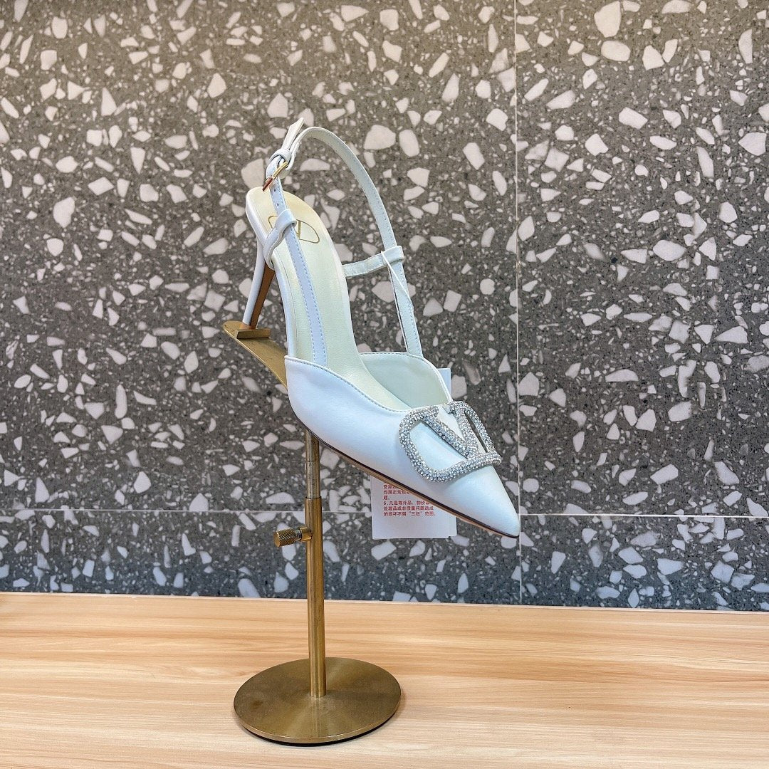 Valentino Women White Leather Pointed Slingback Pumps
