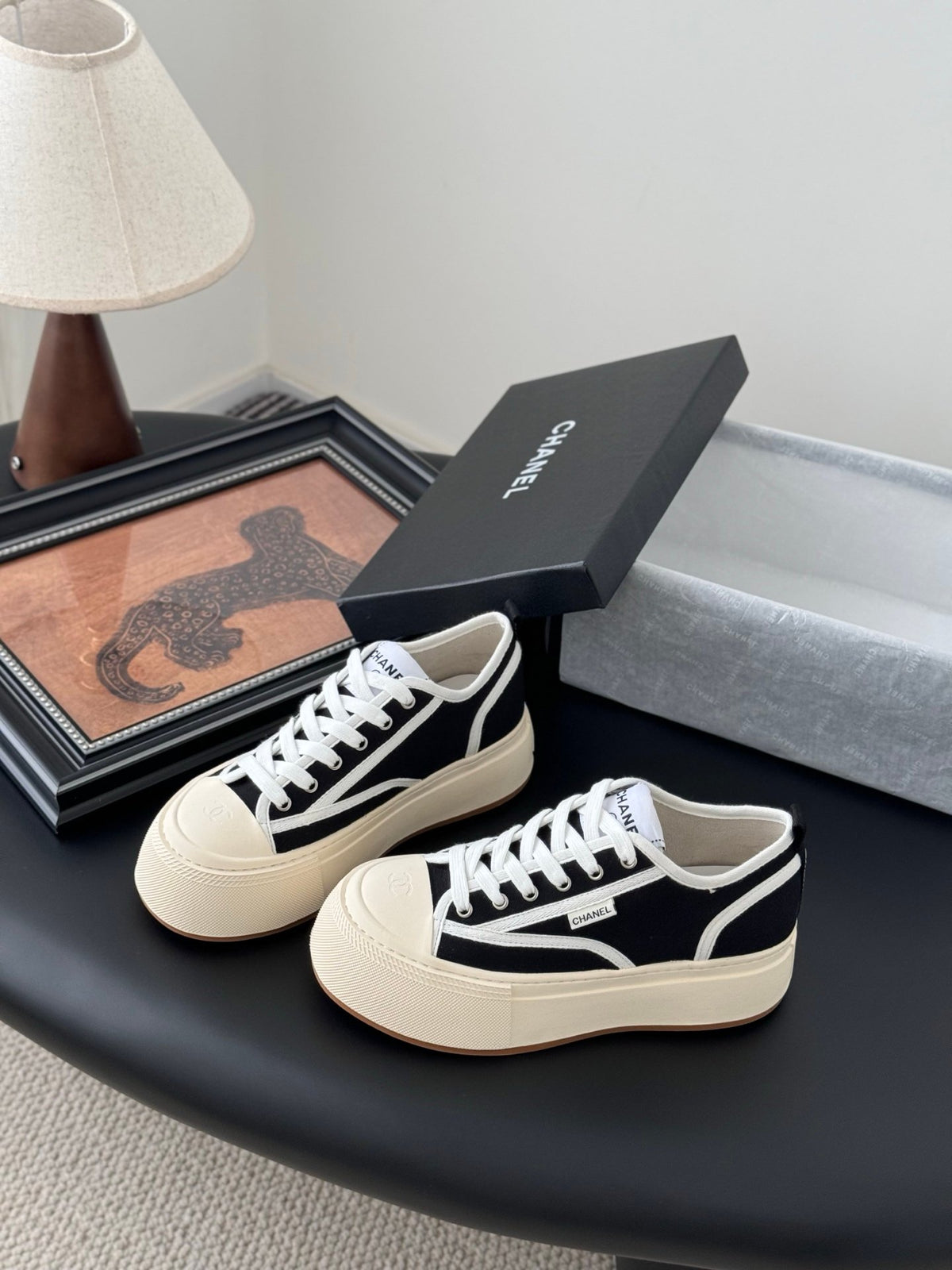 Chanel Women Black Canvas Contrast Rubber Sneakers