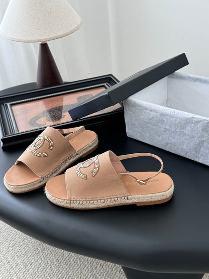 Chanel Women Beige Canvas Crystal Logo Sandals