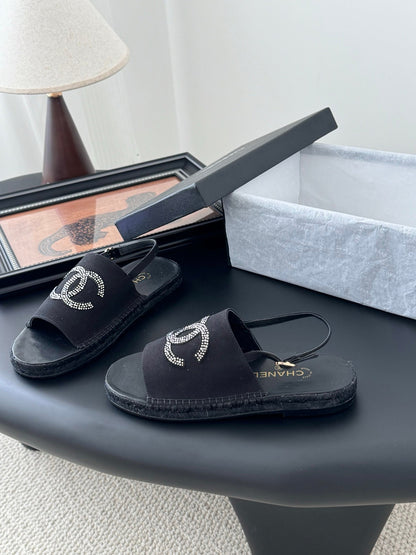 Chanel Women Black Fabric Logo Embellished Sandals