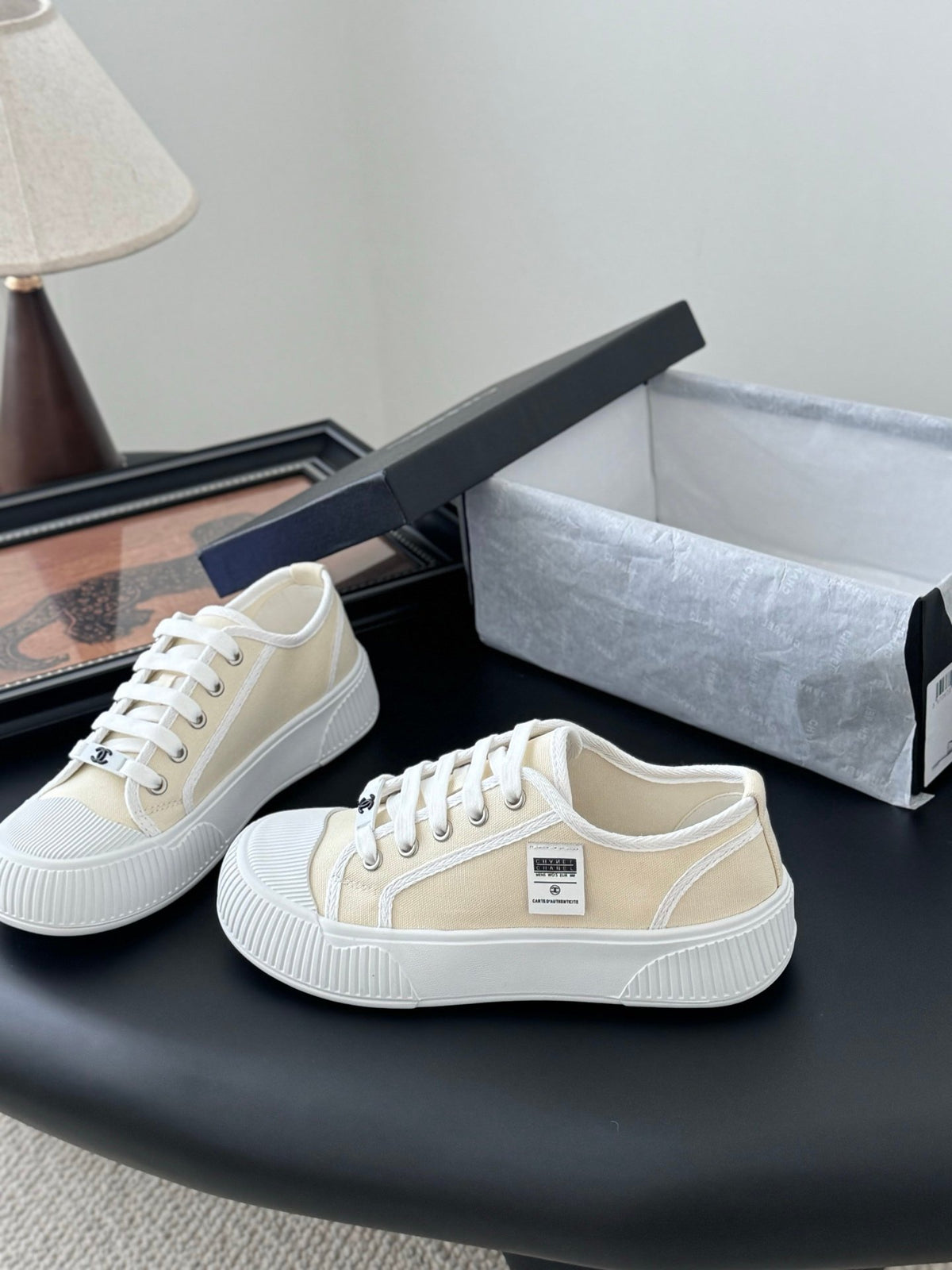 Chanel Women White Canvas Lace-Up Sneakers
