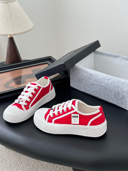 Chanel Women Red Canvas And Rubber Sneakers