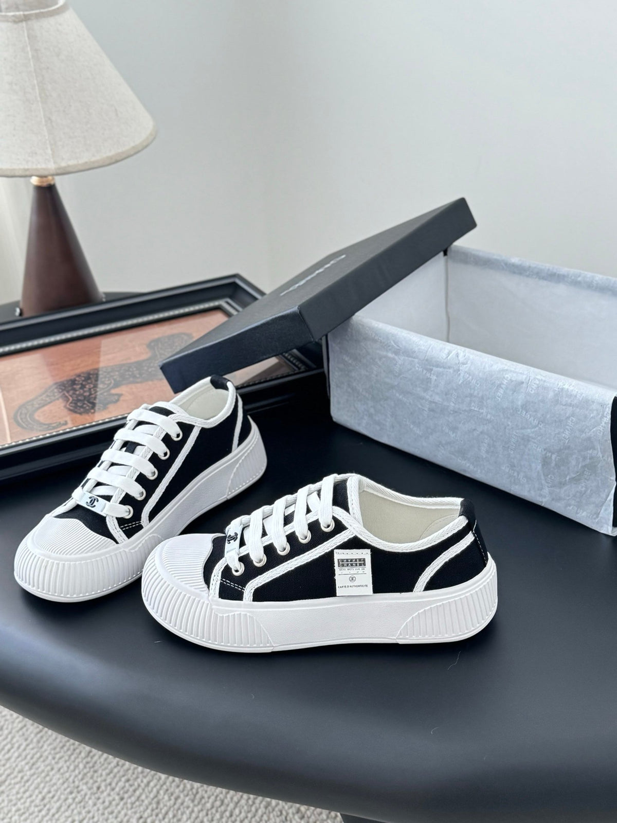 Chanel Women Black Canvas White Trim Sneakers